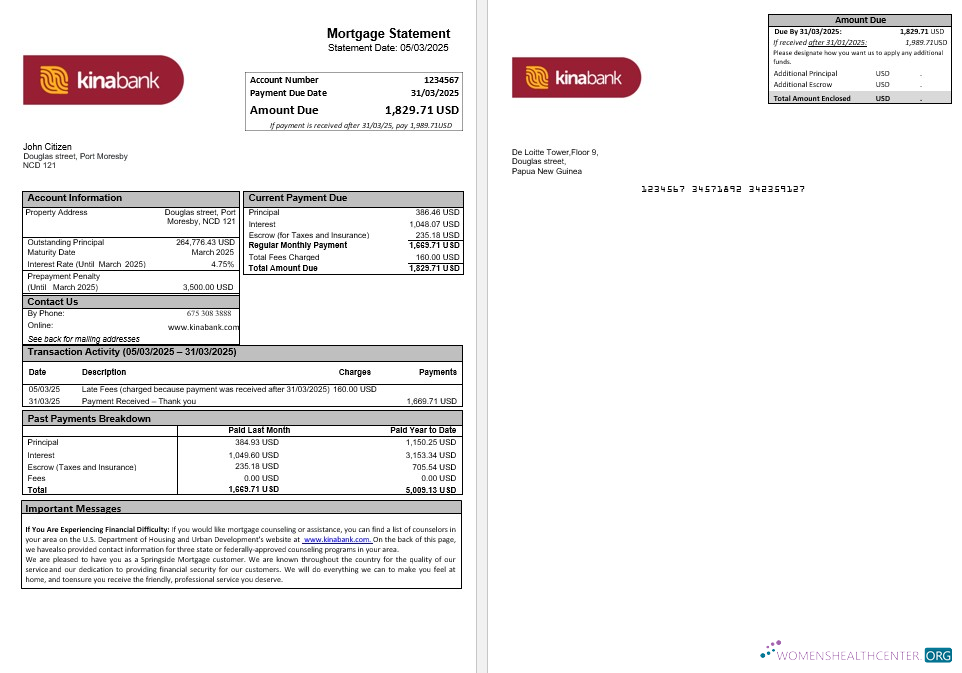 Papua New Guinea Kina Securities Limites bank mortgage statement in Word and PDF formats